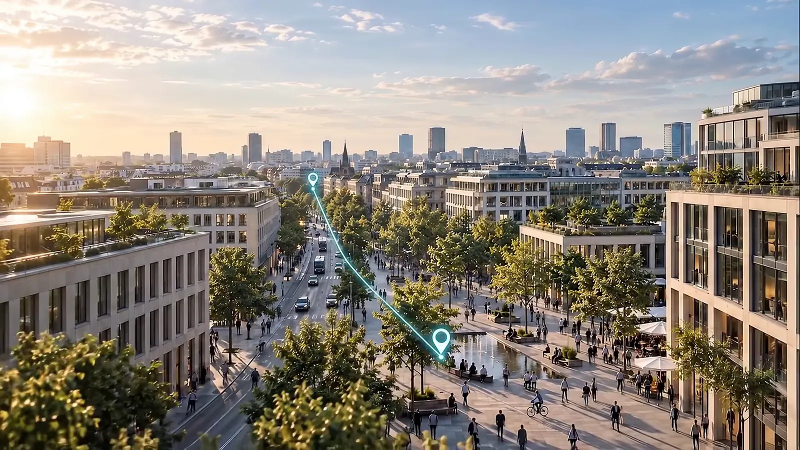 Blick über eine europäische Stadt bei Sonnenuntergang, verbunden durch leuchtende Linien zwischen mehreren Orten